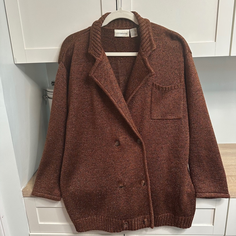 Vintage Liz Claiborne Bronze Metallic Blazer Sweater Double Breasted Cardigan M